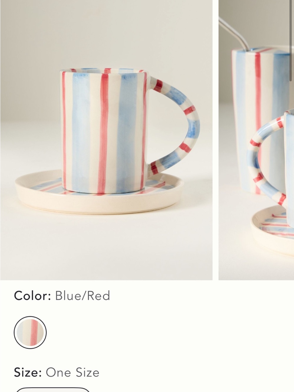 NWT Anthropologie Striped Blue and Red Ceramic Mug with Saucer